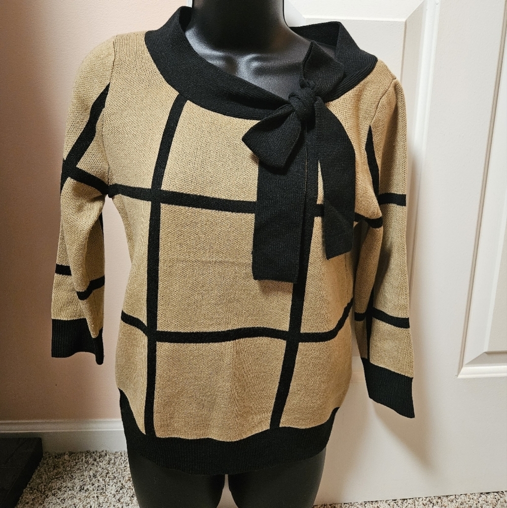 New York & Company Tan and Black Sweater with Bow & Bold Geometric Grid Pattern
